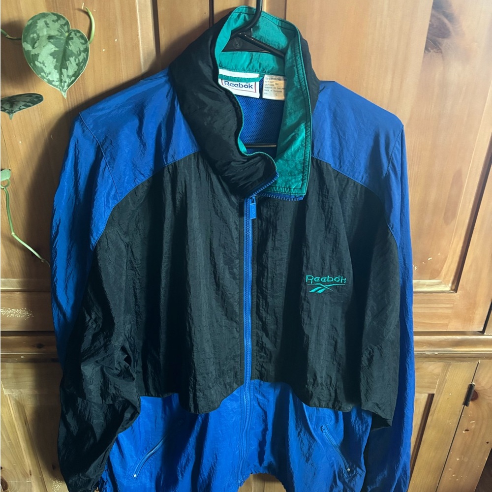 Vintage Reebok Men's Blue and Black Windbreaker with Green Accents